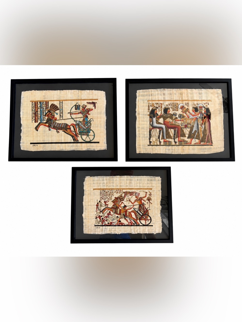 Set of 3 Vintage Egyptian Papyrus Art Framed Under Glass by Adel Ghabour